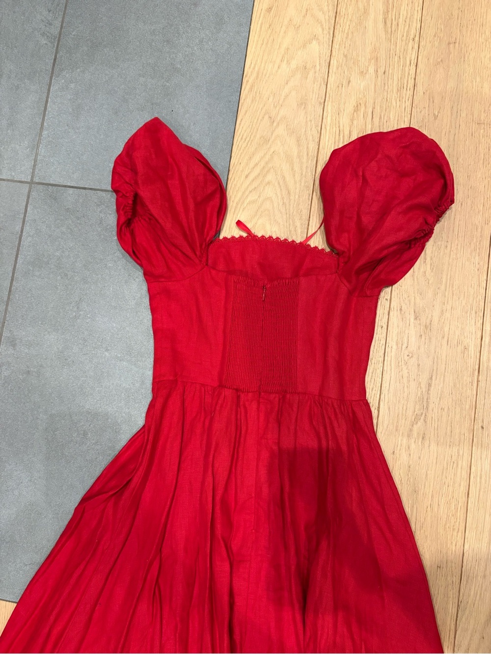 Reformation Marella Red Puff-Sleeve Square Neck Linen Midi Dress - Picture 8 of 9